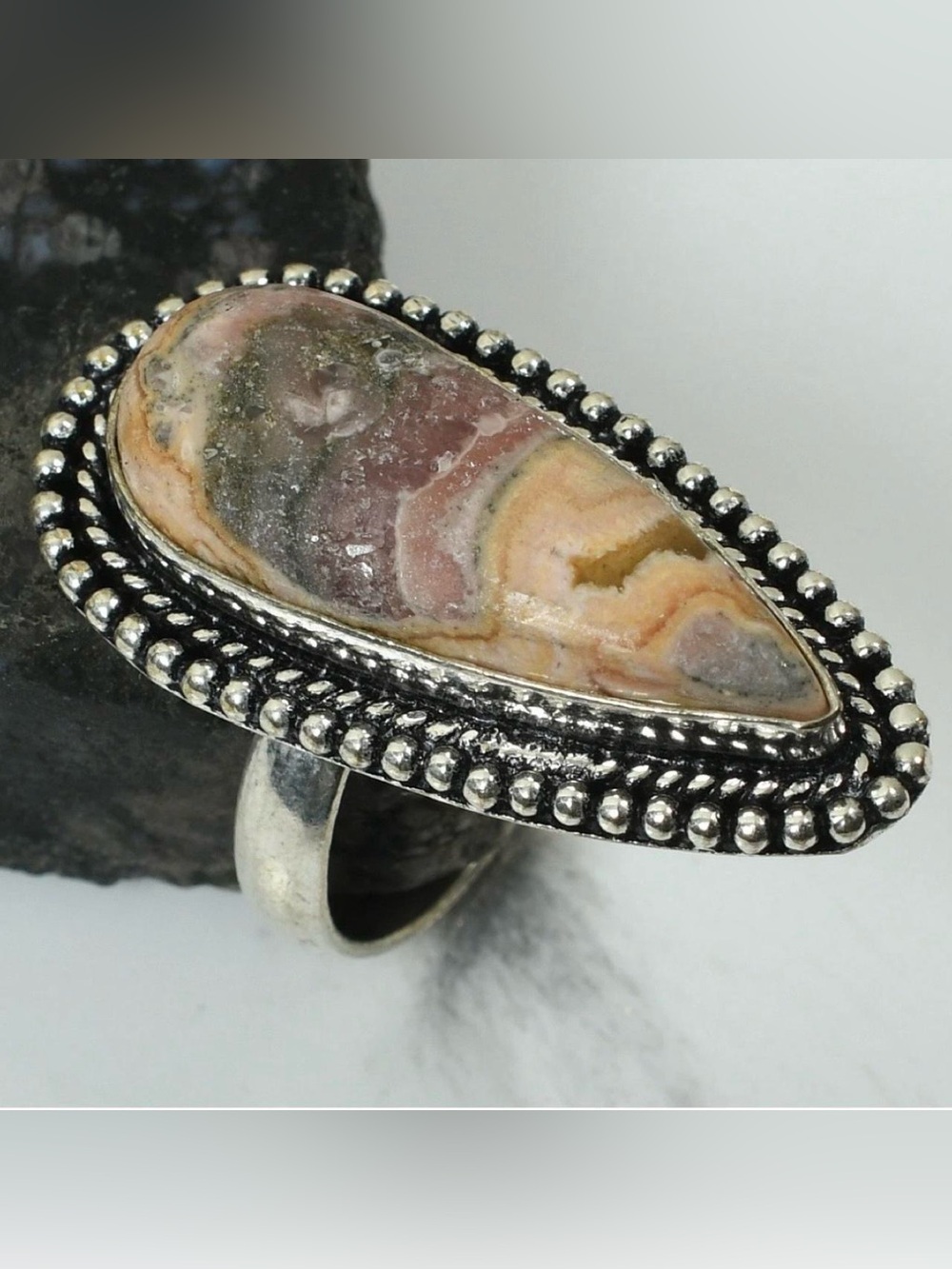 Teardrop Rhodochrosite 925 Silver Ring